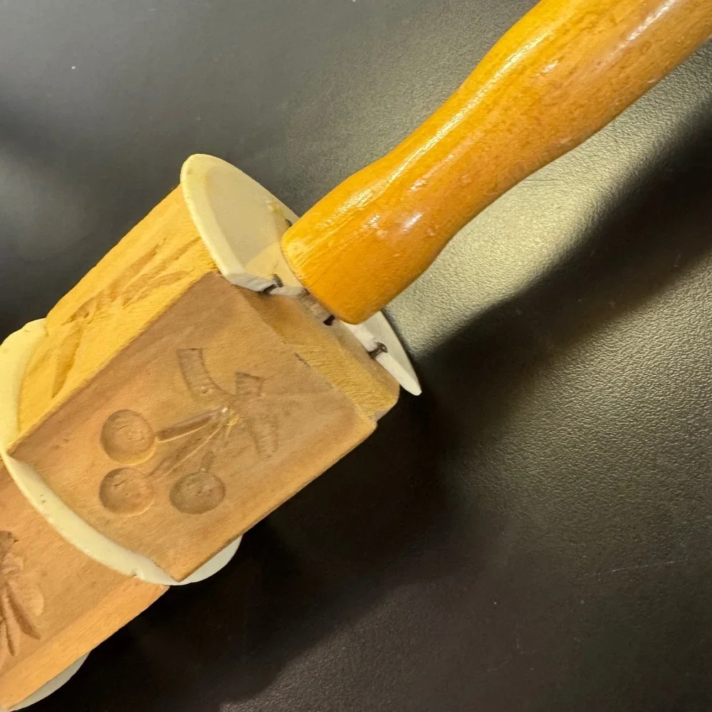 Decoration Only Springerle Rolling Pin Brown Wood Carved Bird Fruit Fish